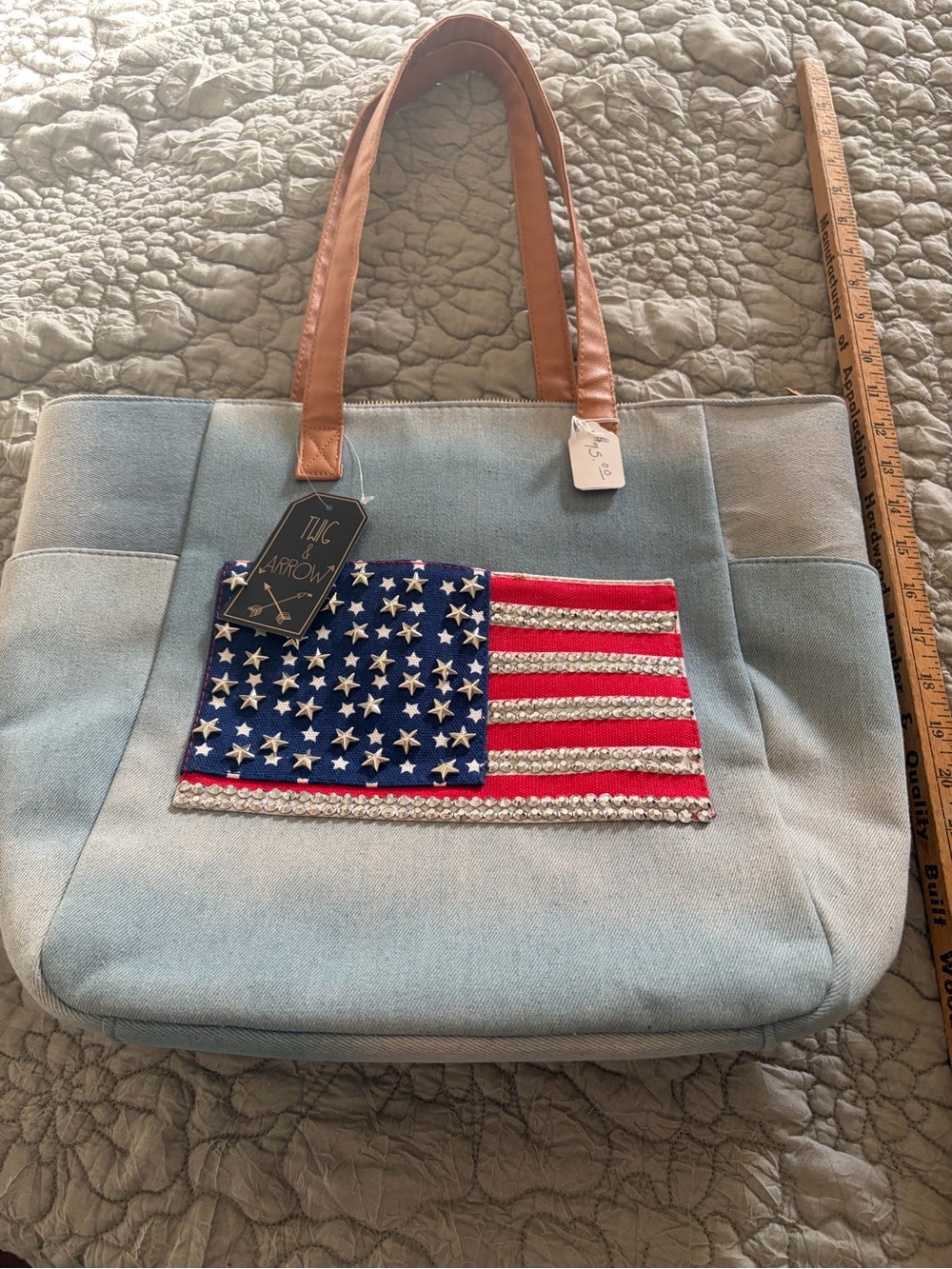 Twig and Arrow  Blue Canvas Tote with American Flag Patch, NEW!